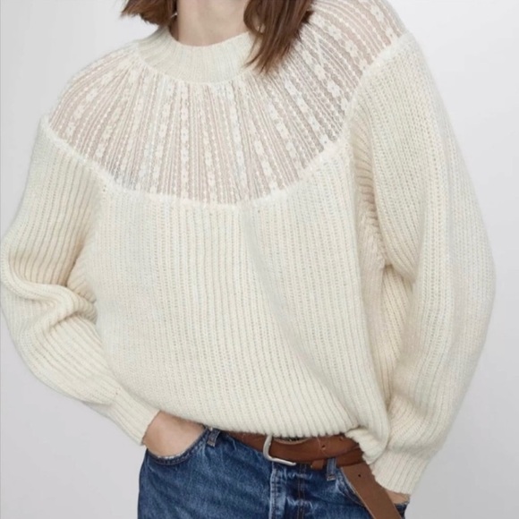 Zara cream chunky ribbed lace detail Alpaca blend crewneck sweater - Picture 2 of 12